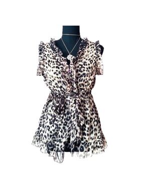 #63 PASSPORT ~ Lightweight Leopard Print Sleeveless Ruffle Blouse Elastic Waist
